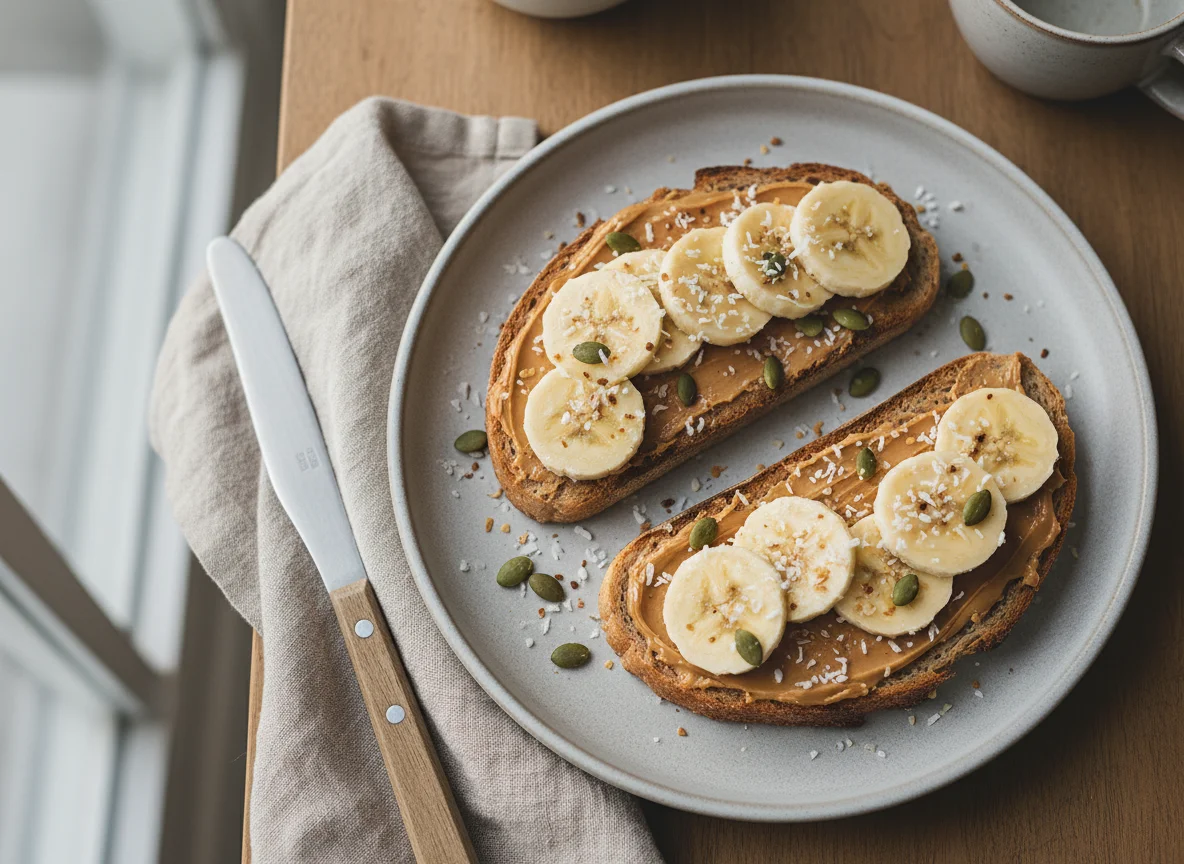 Banana and Peanut Butter Toast with Toppings photo