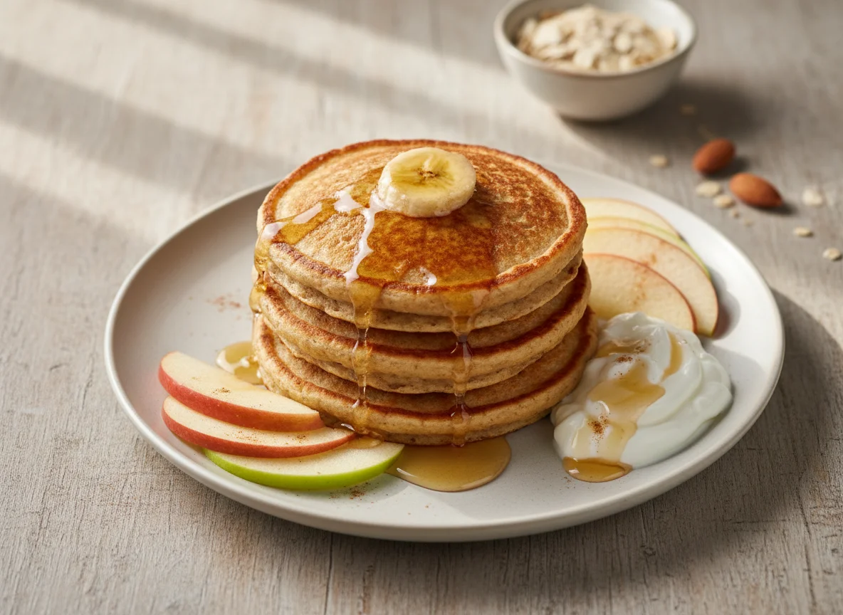 Banana pancakes with oat flour and almond milk photo