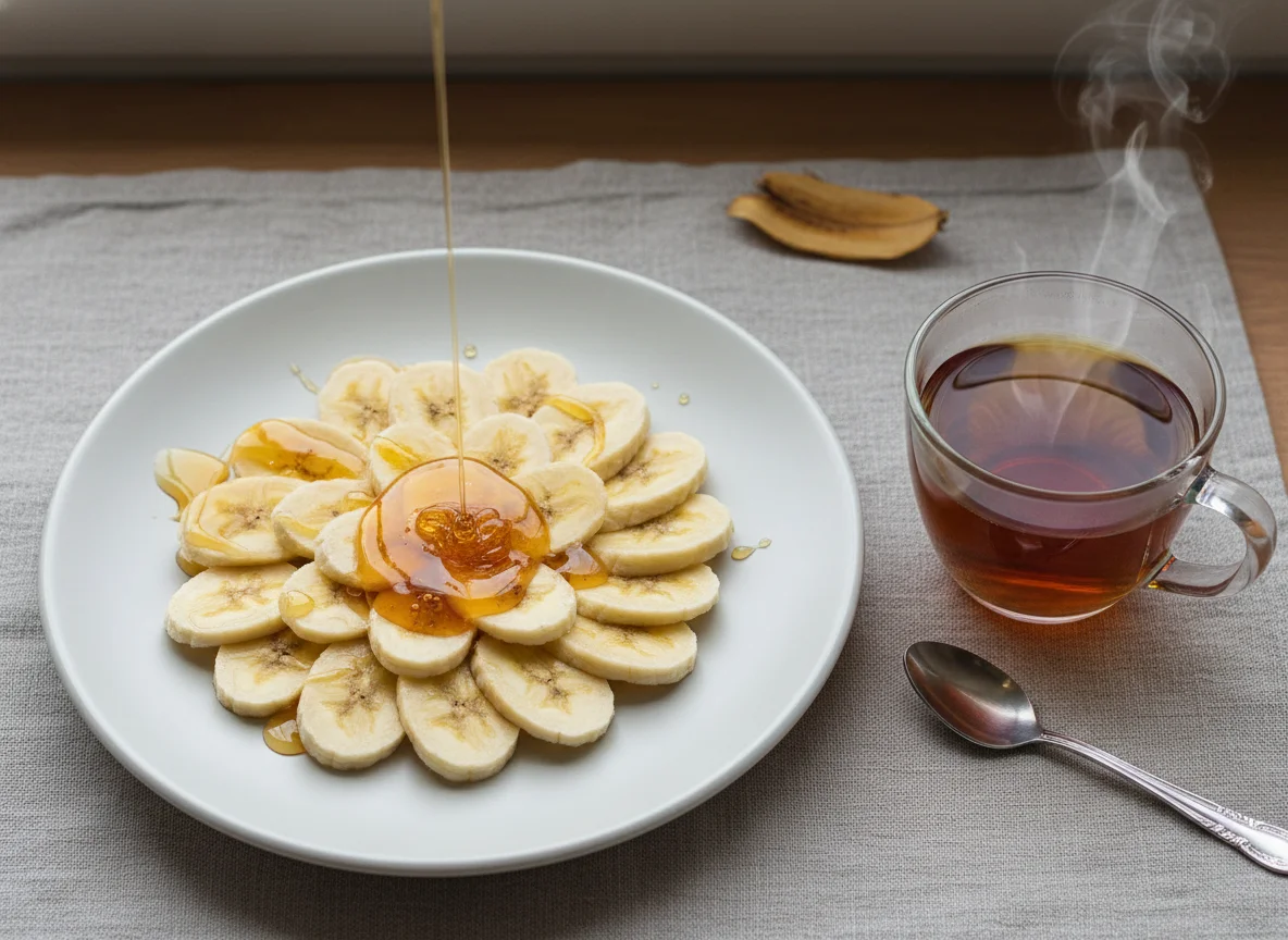 Banana slices with honey and tea photo