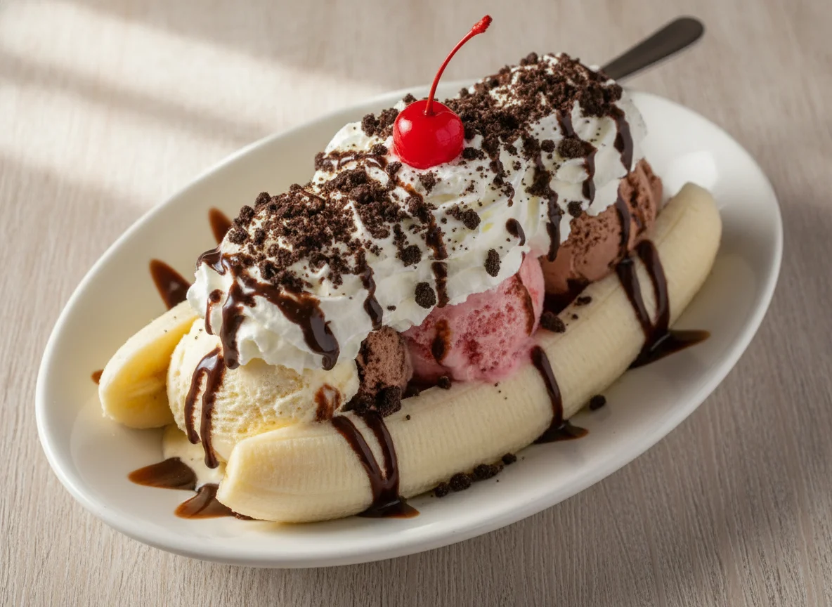 Banana Split with Ice Cream and Toppings photo
