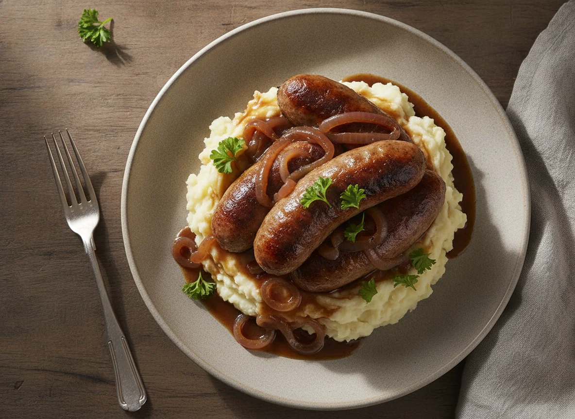 Bangers and Mash with Onion Gravy photo