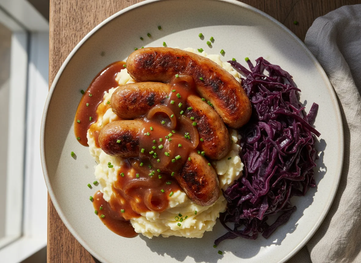 Bangers and Mash with Red Cabbage and Onion Gravy photo