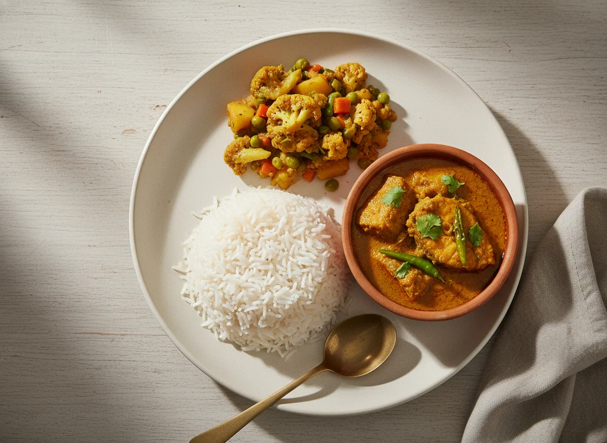Bangladeshi Fish Curry with Rice and Vegetables photo