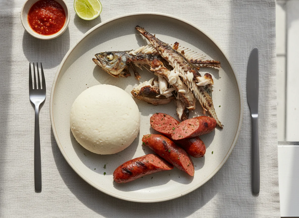 Banku with grilled fish bones and sausage photo