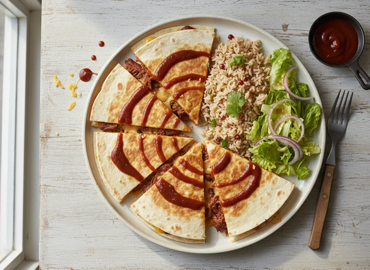 Barbecue Meat Quesadilla with Rice and Salad photo