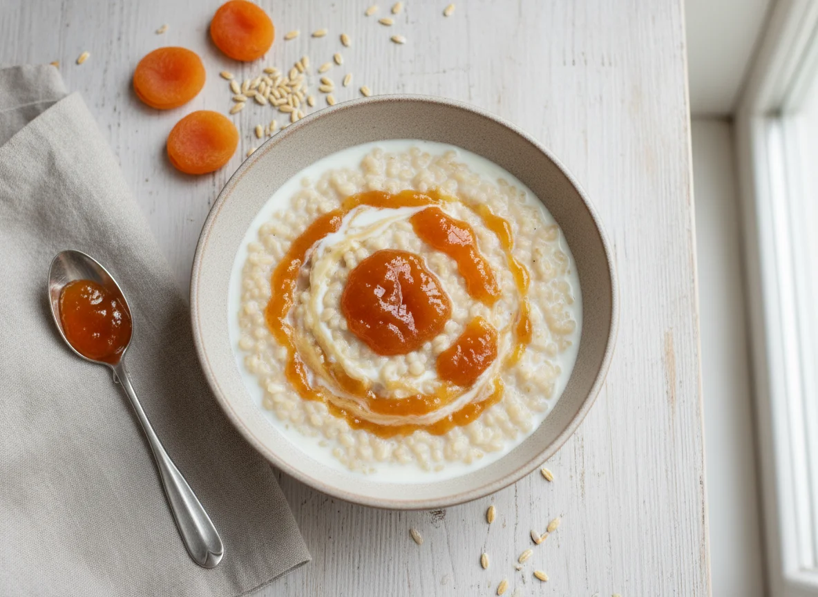 Barley porridge with milk and apricot jam photo