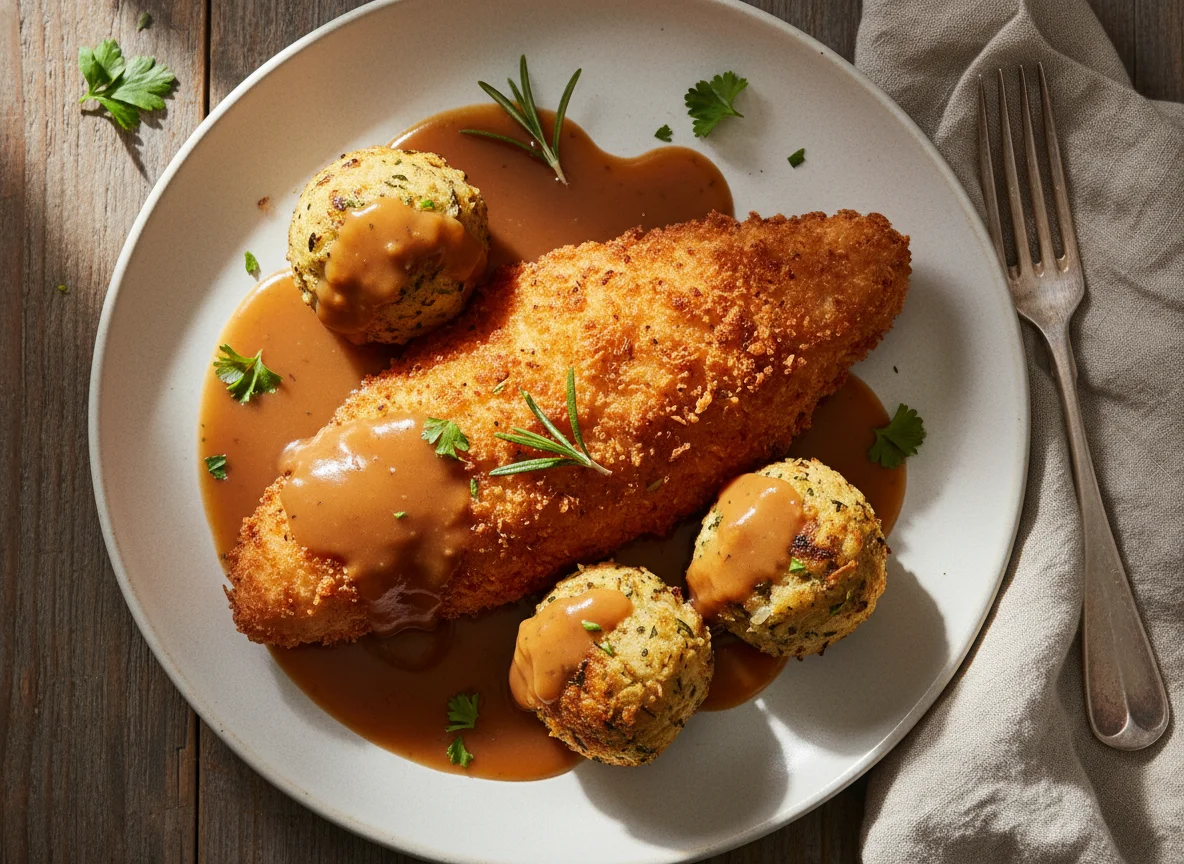 Battered Chicken with Gravy and Stuffing Balls photo