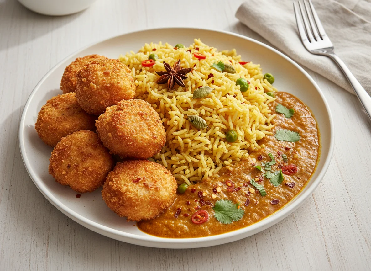 Battered Chicken with Rice and Curry Sauce photo