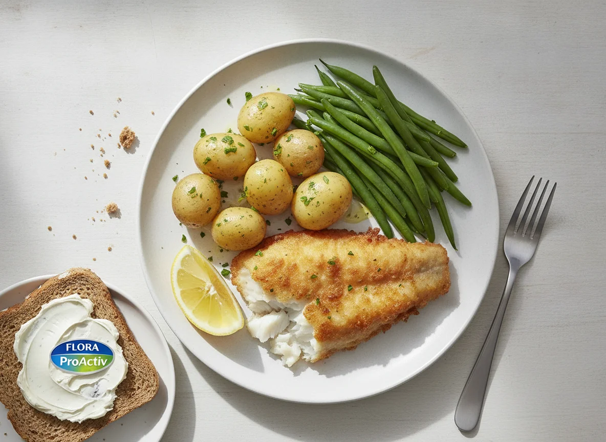 Battered fish with boiled potatoes, green beans, and brown bread photo