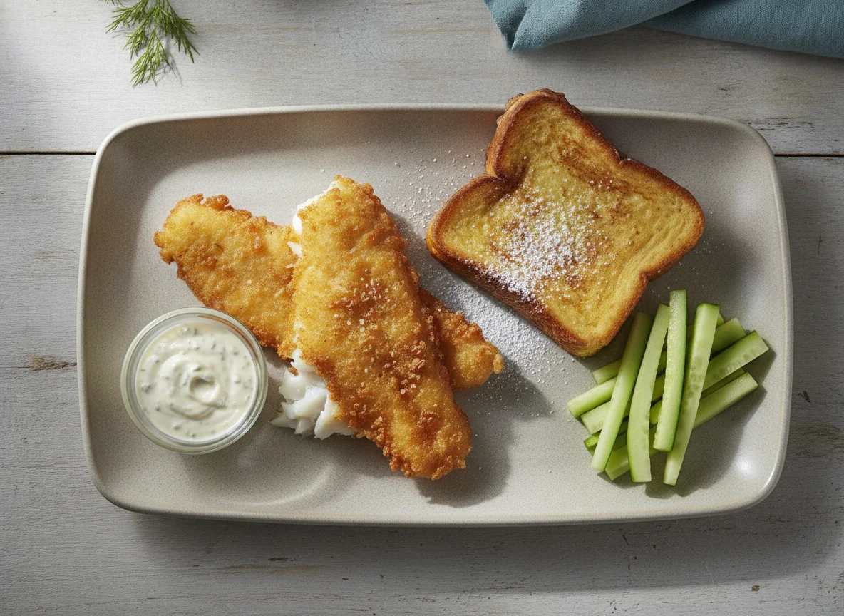 Battered fish with cucumber and French toast photo