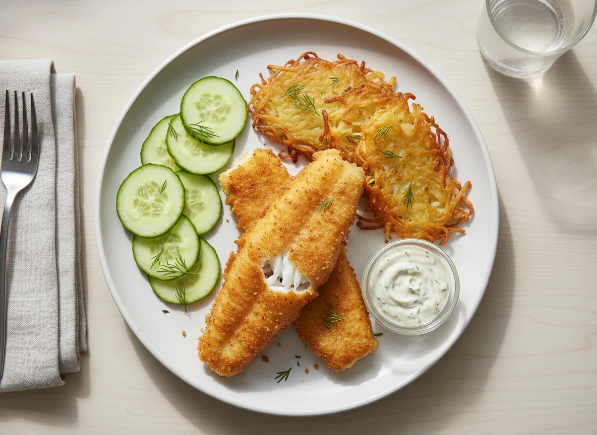 Battered fish with hash browns and cucumber photo