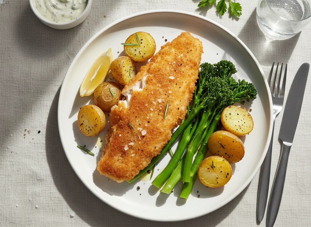 Battered Fish with New Potatoes and Broccolini photo