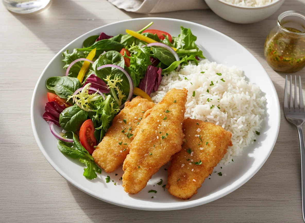 Battered Fish with Rice and Salad photo