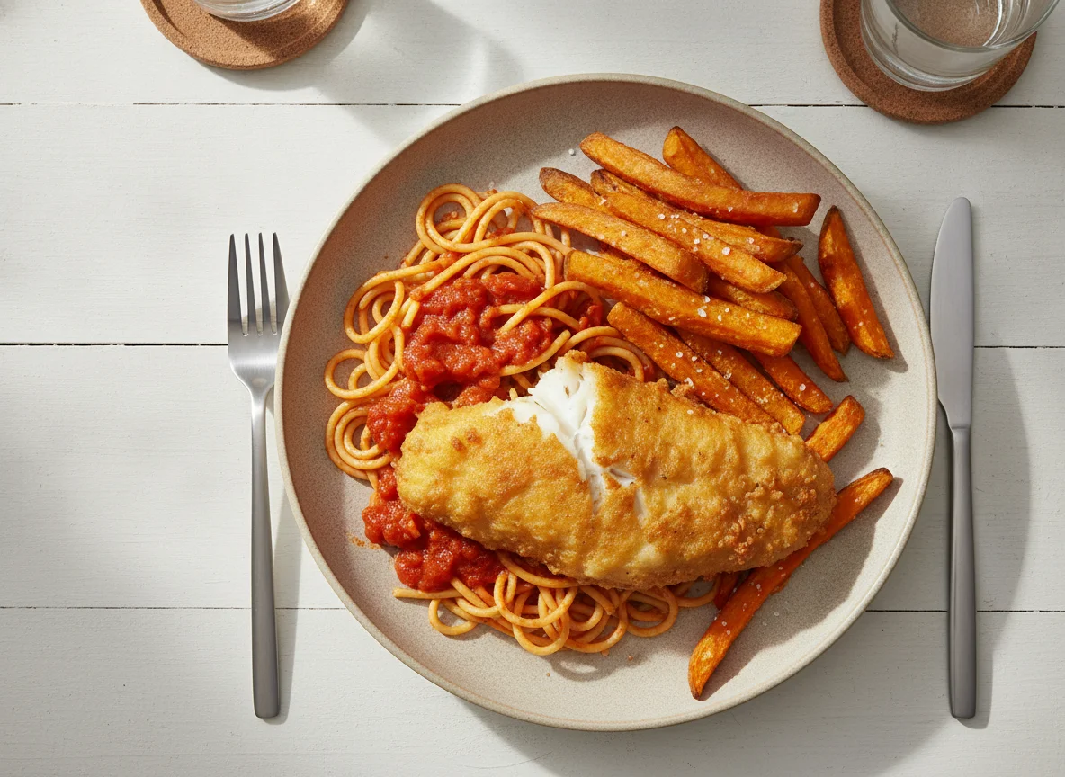 Battered fish with spaghetti hoops and sweet potato fries photo
