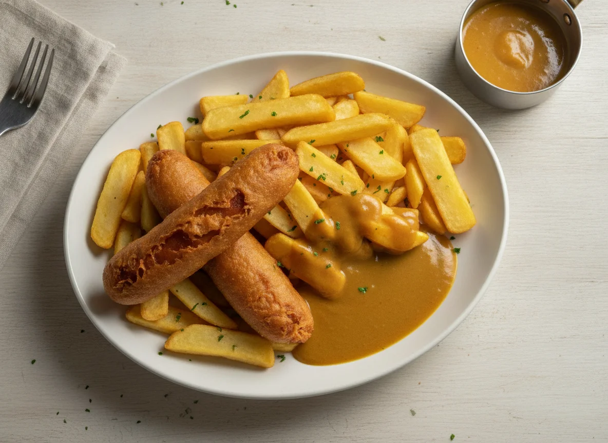 Battered Sausage and Chips with Curry Sauce photo
