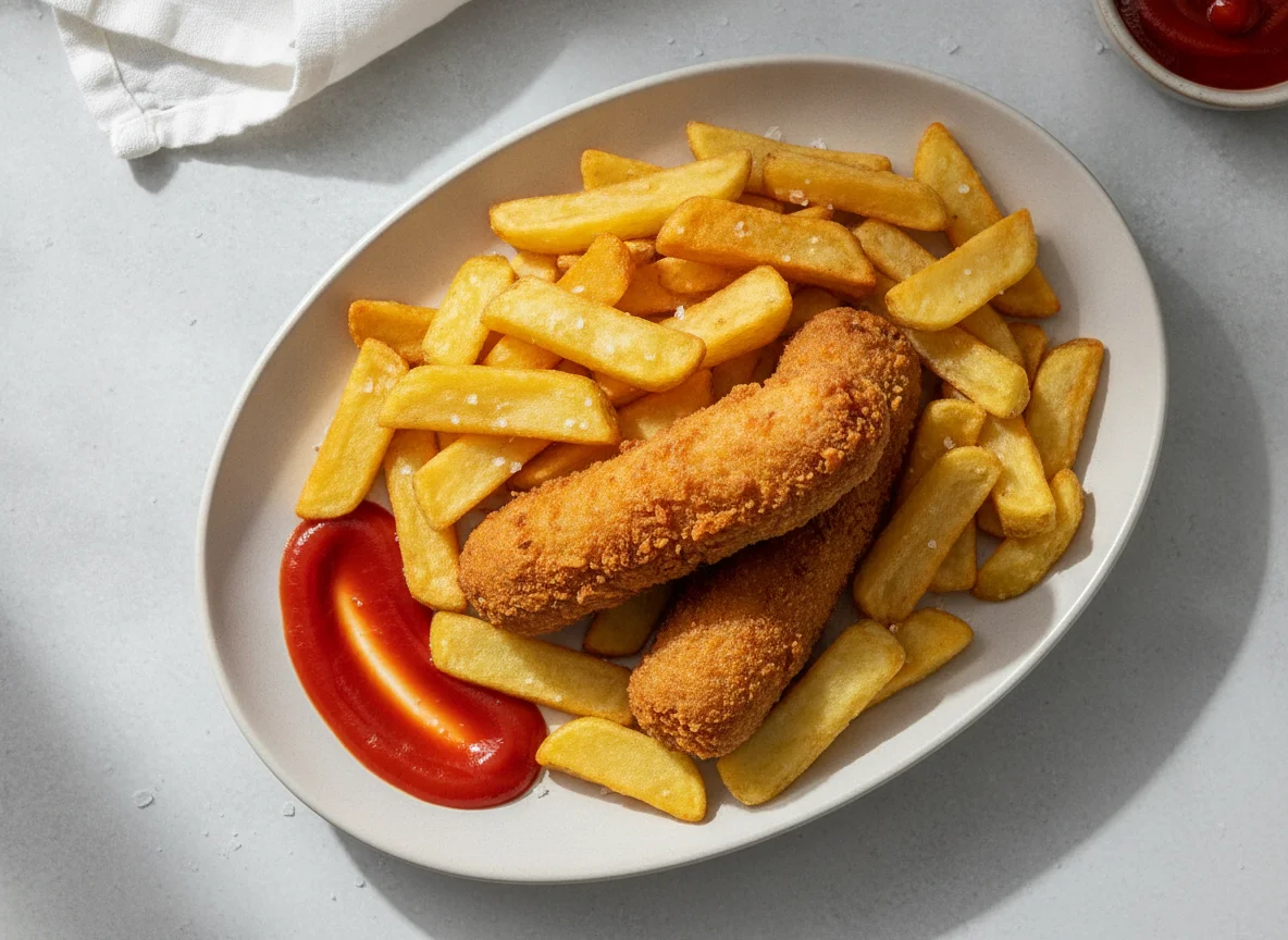 Battered sausage and chips with ketchup photo