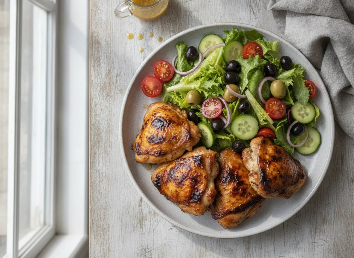 BBQ chicken thighs with garden salad photo