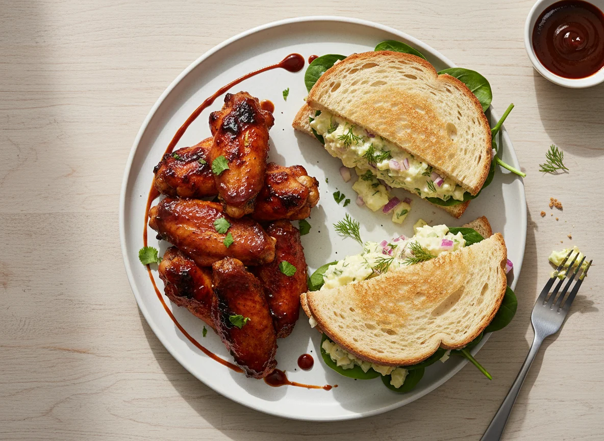 BBQ Chicken Wings and Egg Salad Sandwich photo