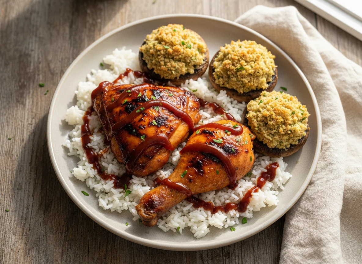 BBQ Chicken with Rice and Stuffed Mushrooms photo