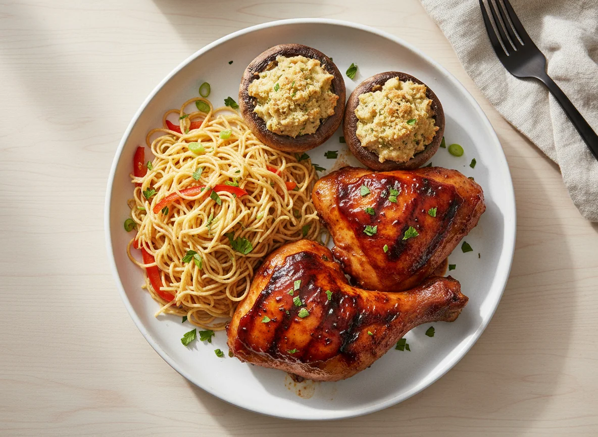 BBQ Chicken with Stuffed Mushrooms and Fried Vermicelli photo