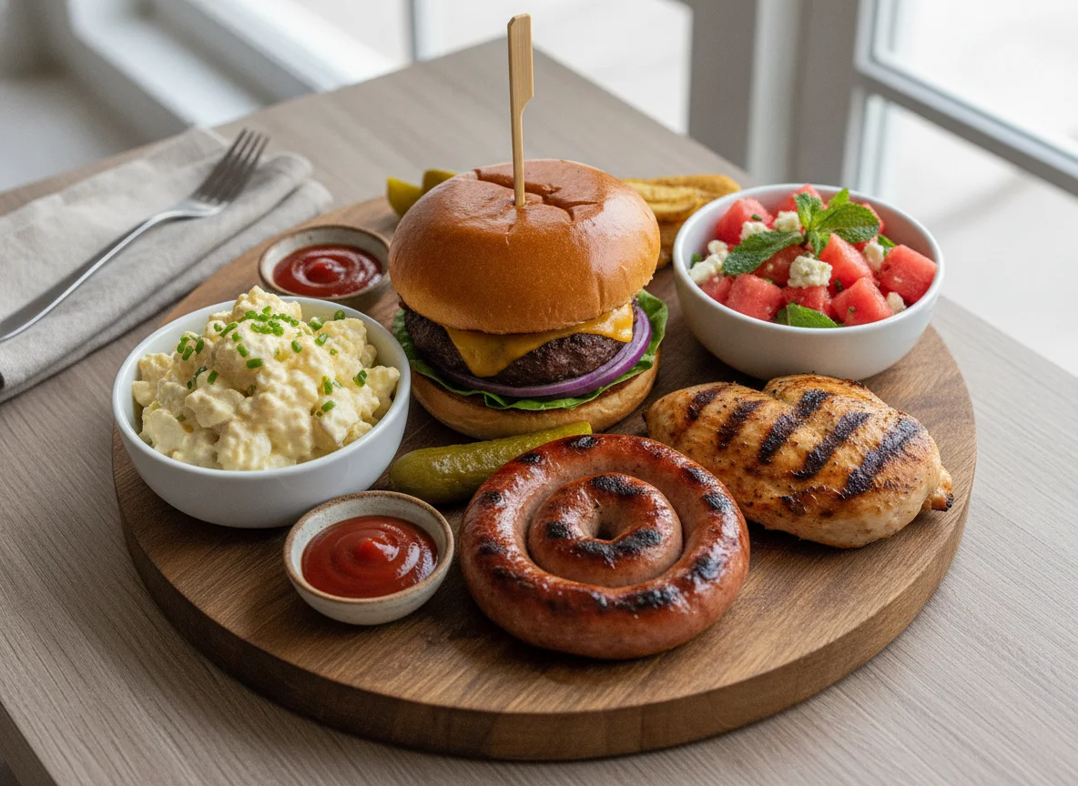 BBQ Platter with Burger, Sausage, and Salads photo