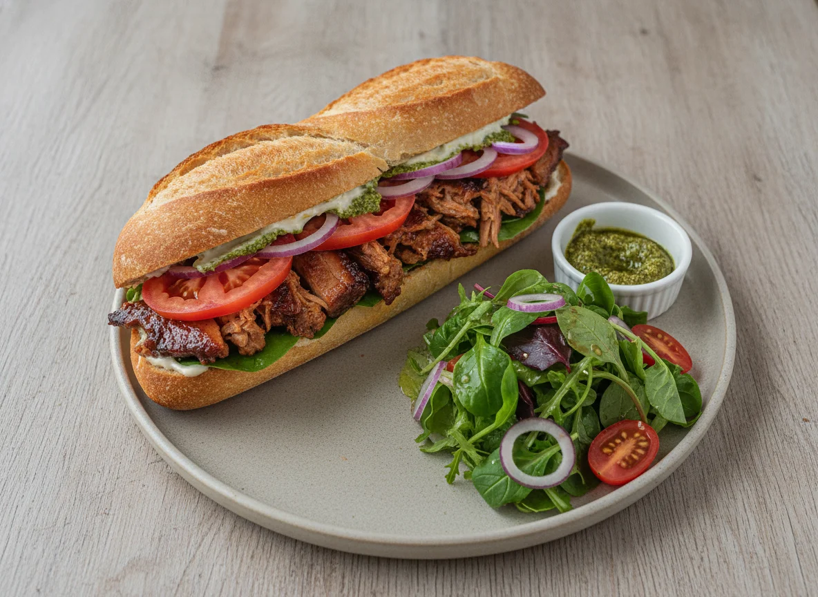 BBQ Pork Baguette with Side Salad photo