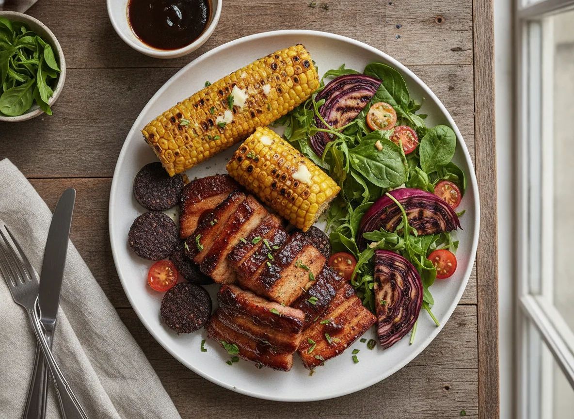 BBQ Pork Belly with Corn and Salad photo