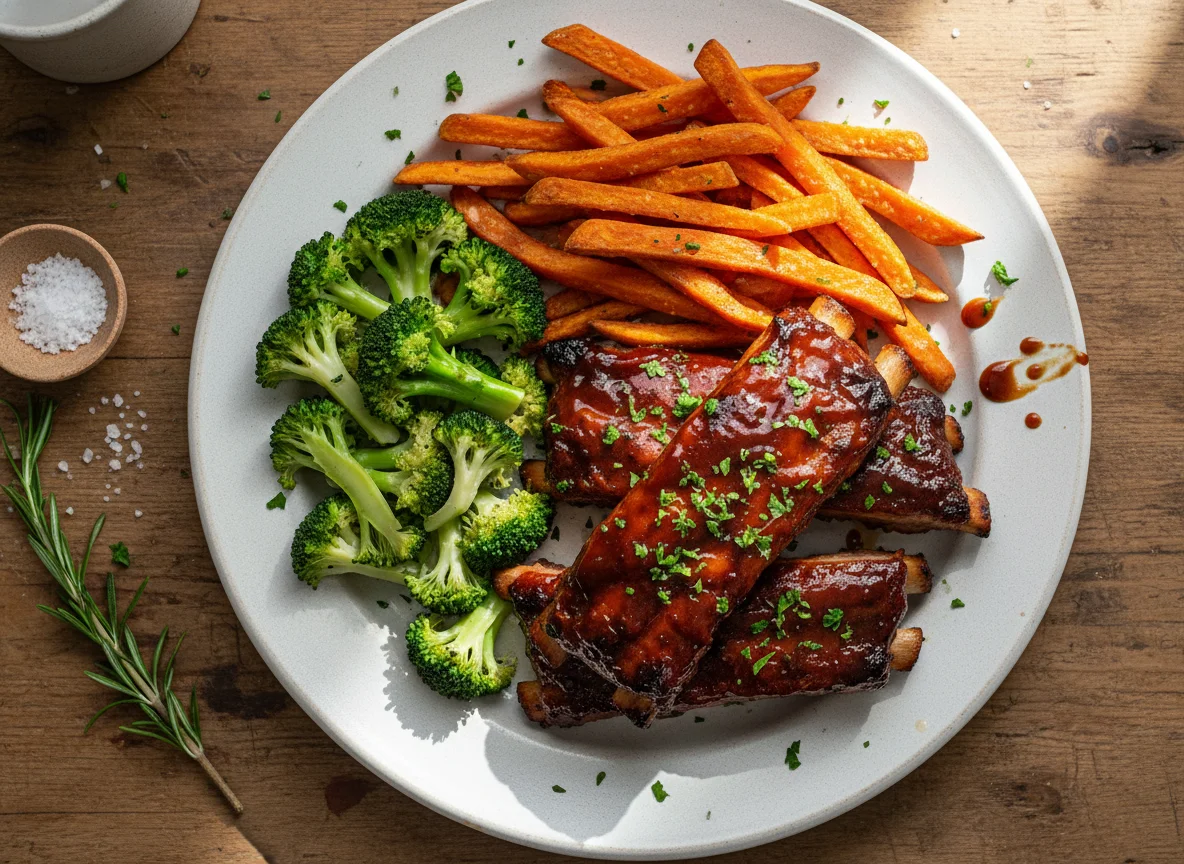 BBQ Pork Ribs with Sweet Potato Fries and Broccoli photo