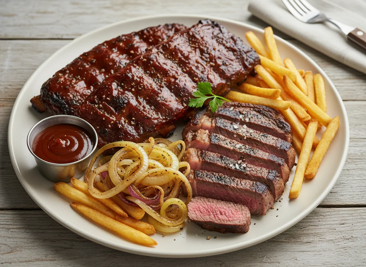 BBQ Ribs and Steak with Fries photo