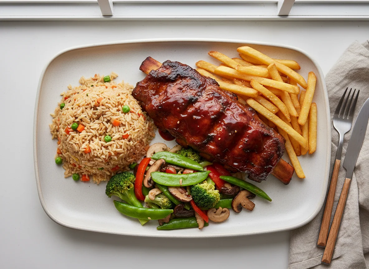 BBQ Ribs, Fries, Stir-fried Vegetables and Rice photo