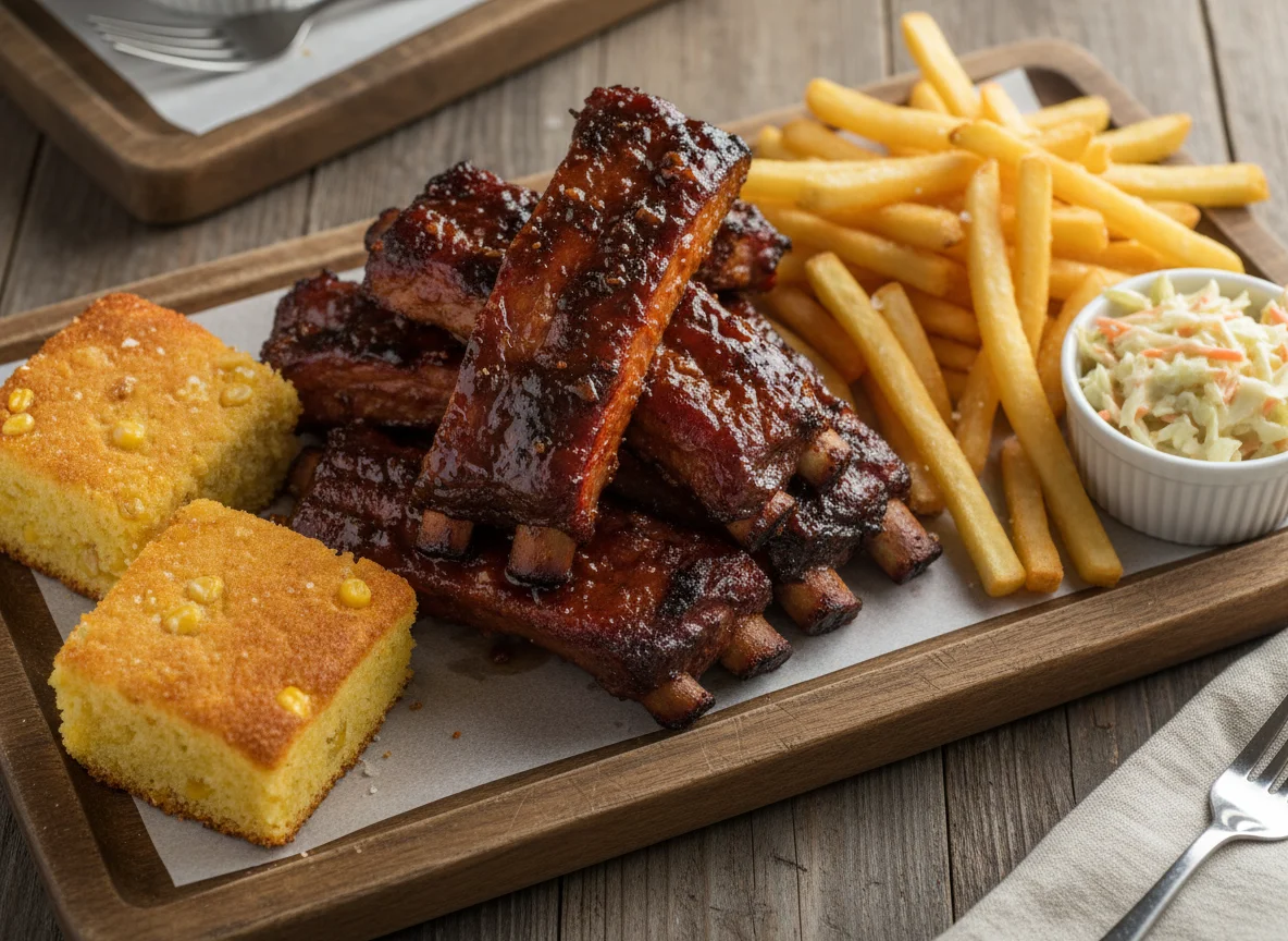 BBQ Ribs Platter with Fries and Cornbread photo