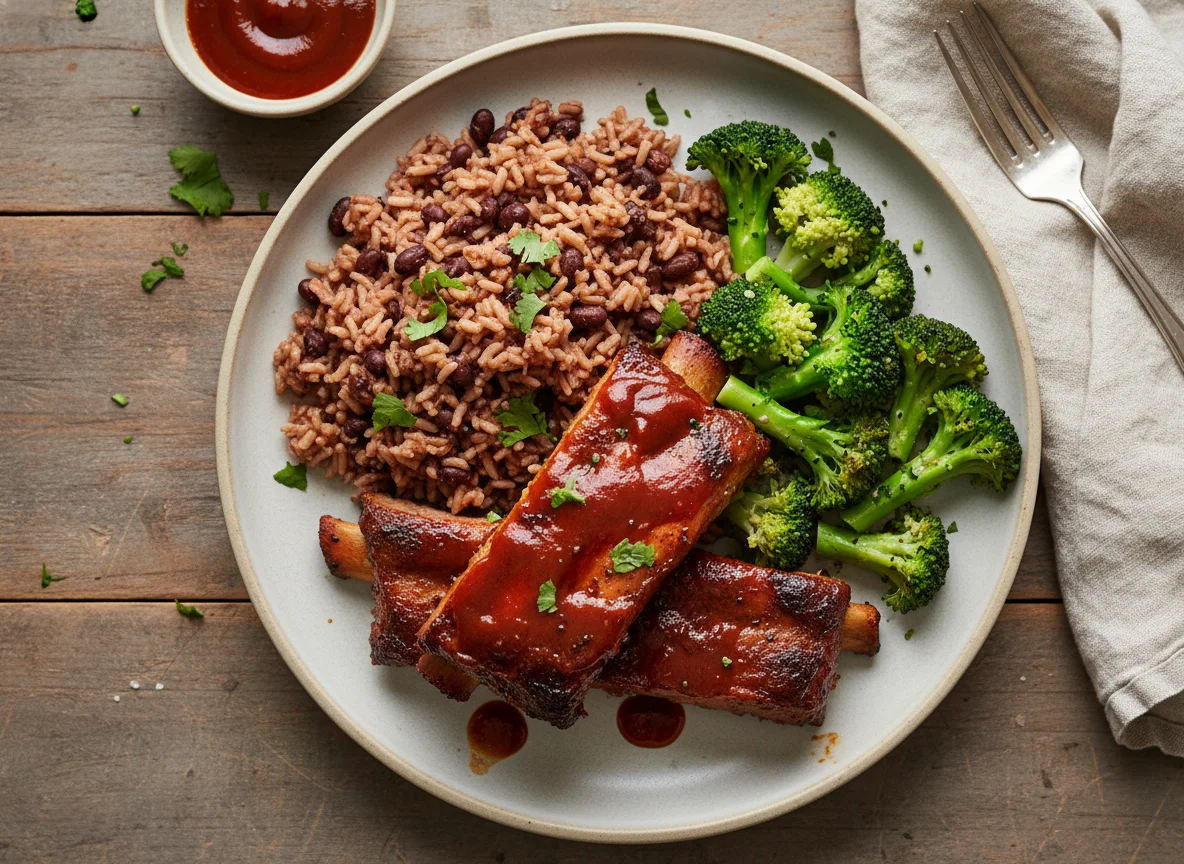 BBQ Ribs with Brown Rice and Black Beans and Steamed Broccoli photo