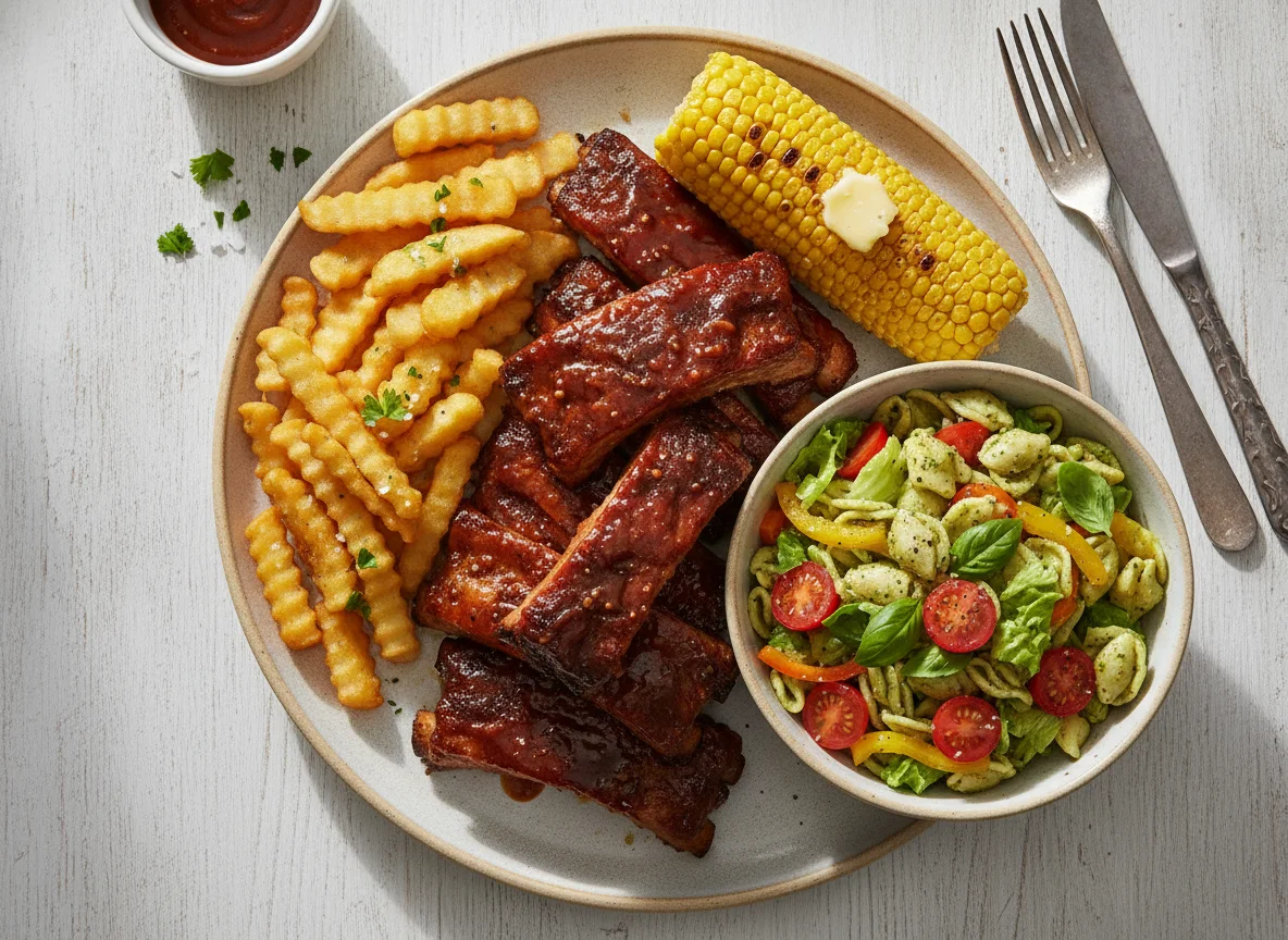 BBQ Ribs with Corn, Fries, and Pasta Salad photo