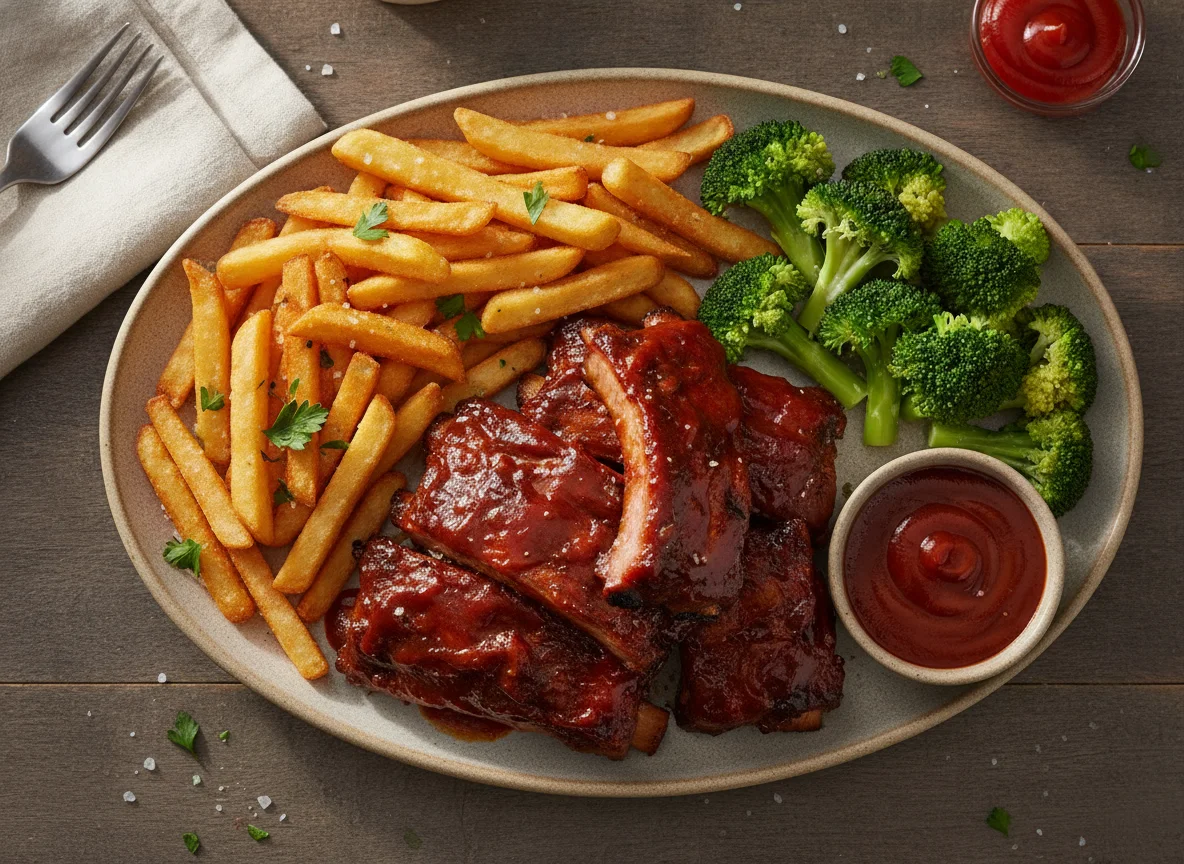 BBQ Ribs with French Fries and Broccoli photo