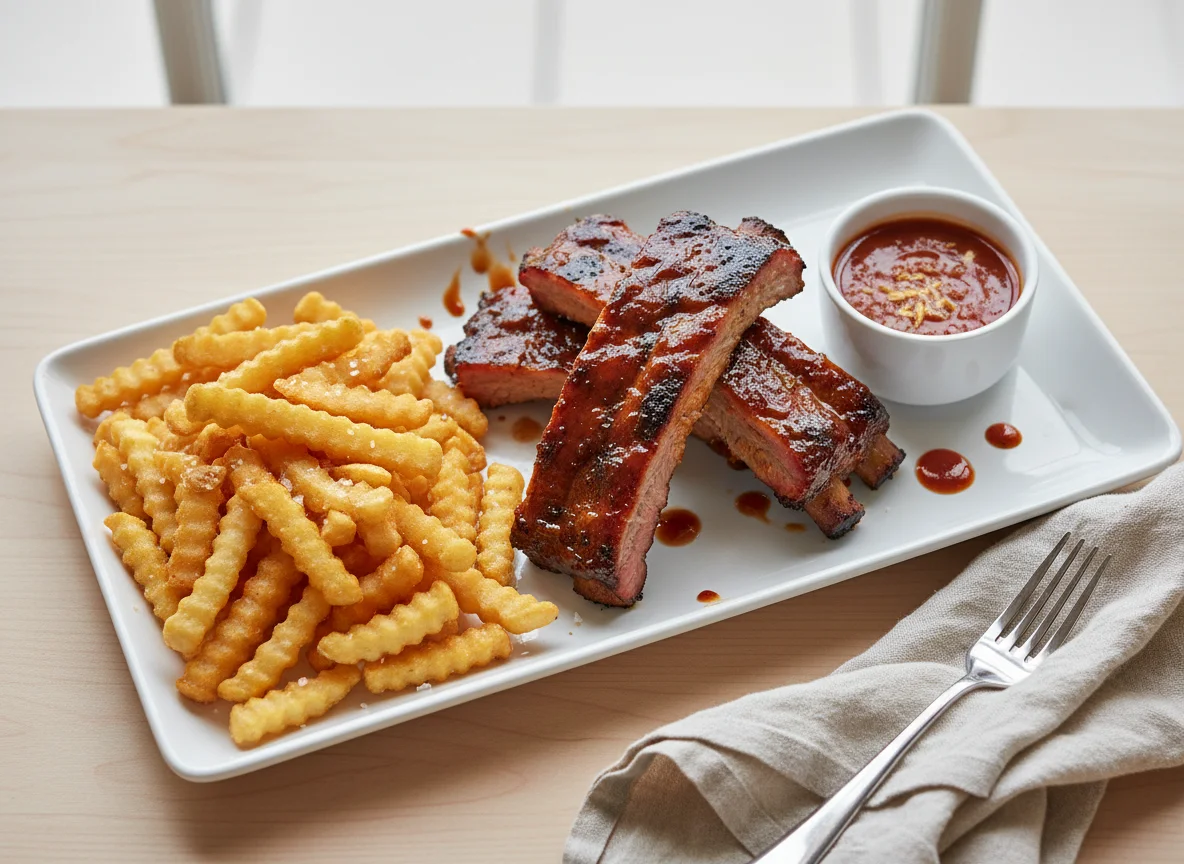 BBQ Ribs with Fries and Sauce photo