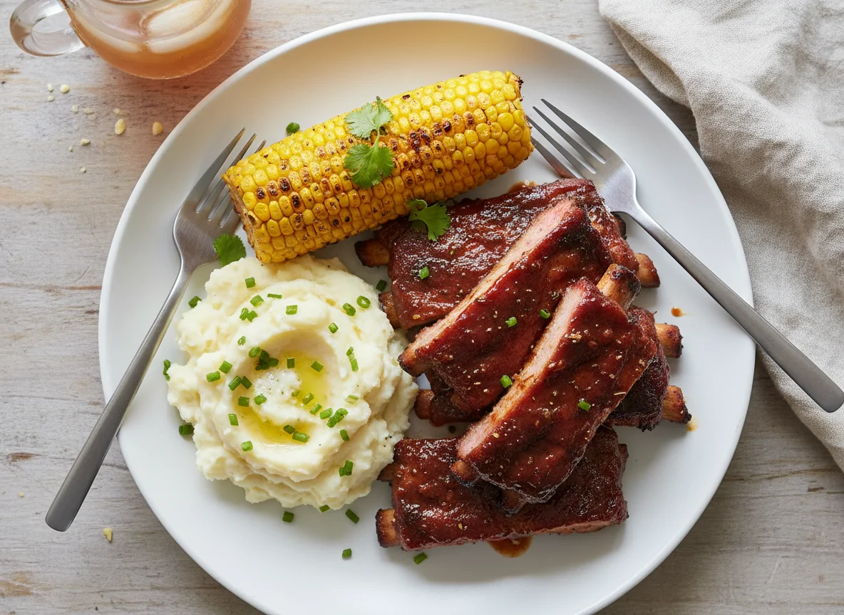 BBQ Ribs with Mashed Potatoes and Corn photo
