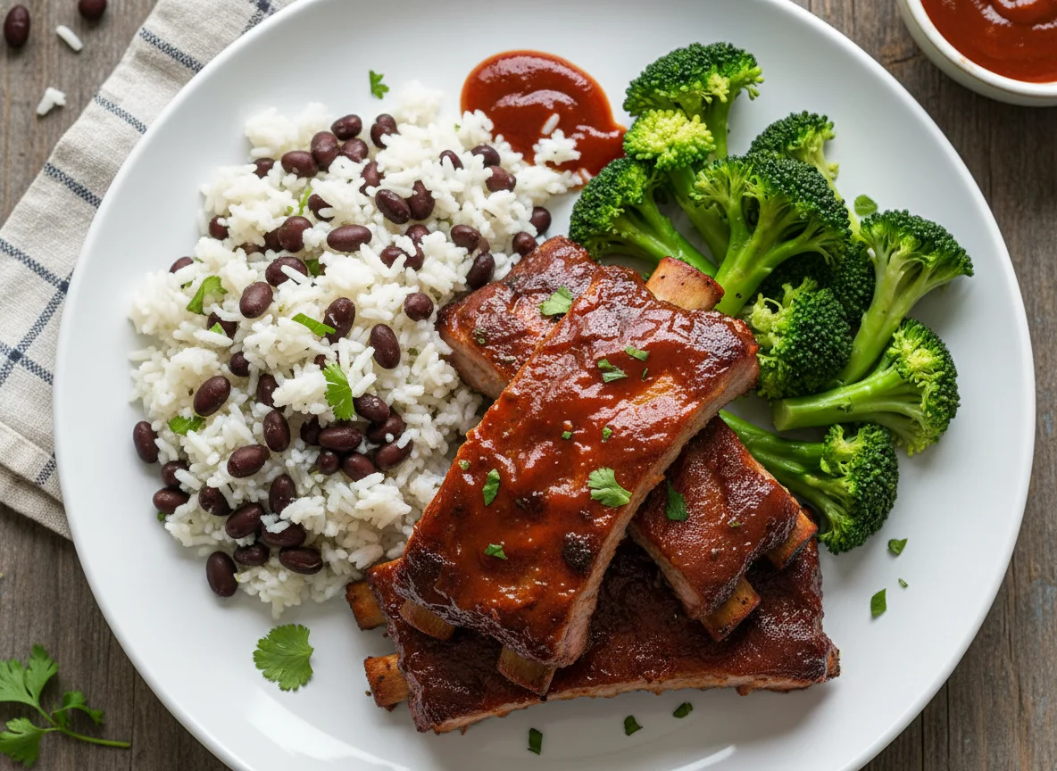 BBQ Ribs with Rice and Beans and Broccoli photo