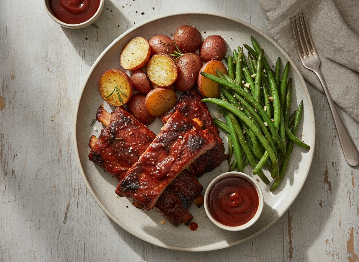 BBQ Ribs with Roasted Potatoes and Green Beans photo