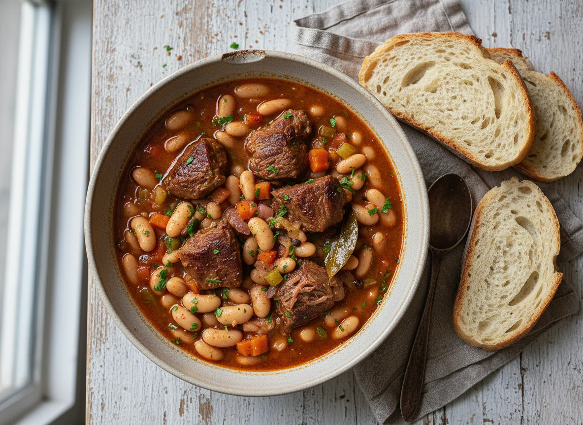 Bean Stew with Bread and Meat photo