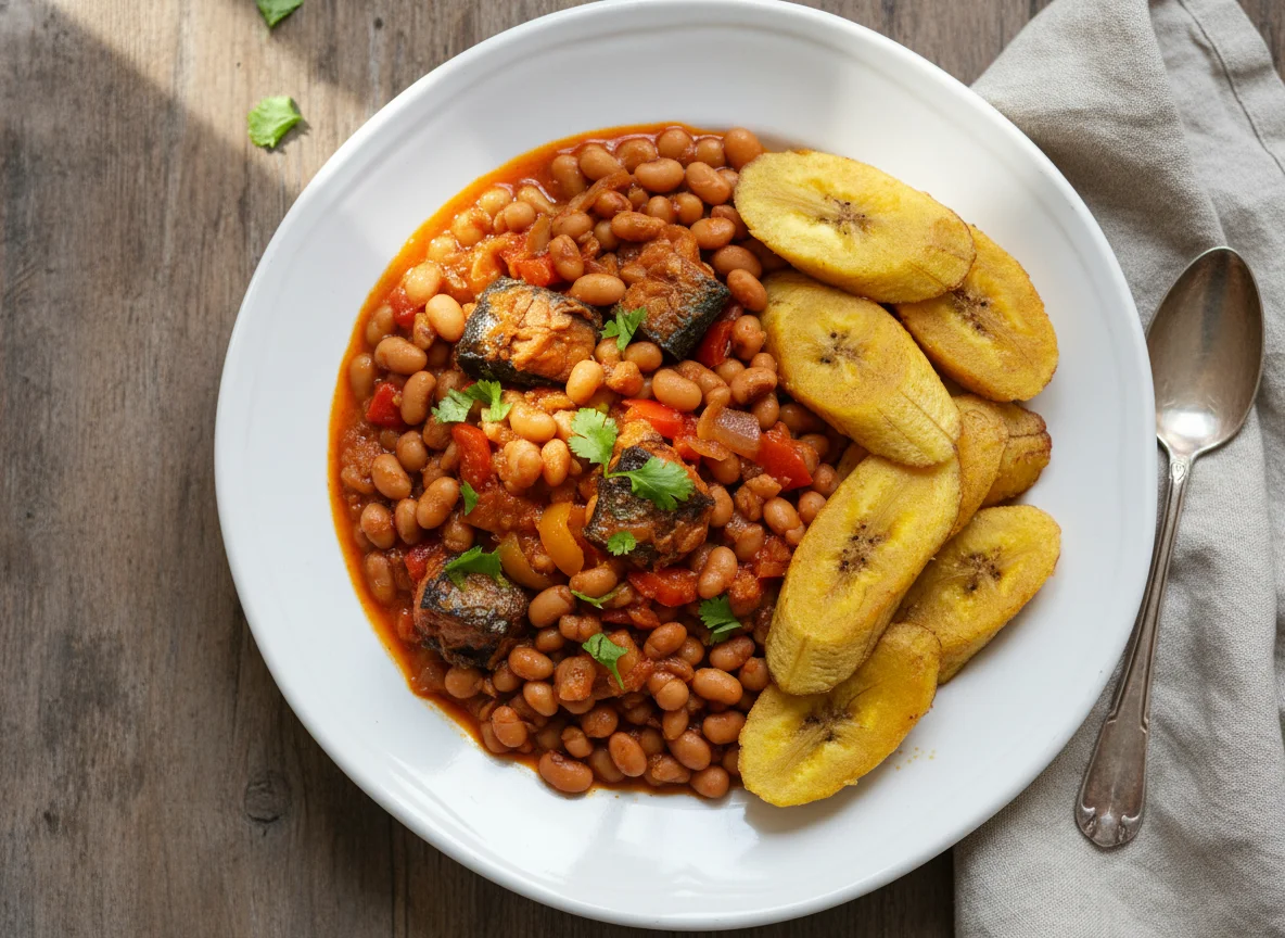 Beans and Boiled Ripe Plantain photo