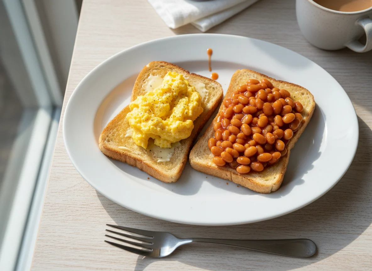 Beans and scrambled eggs on toast photo