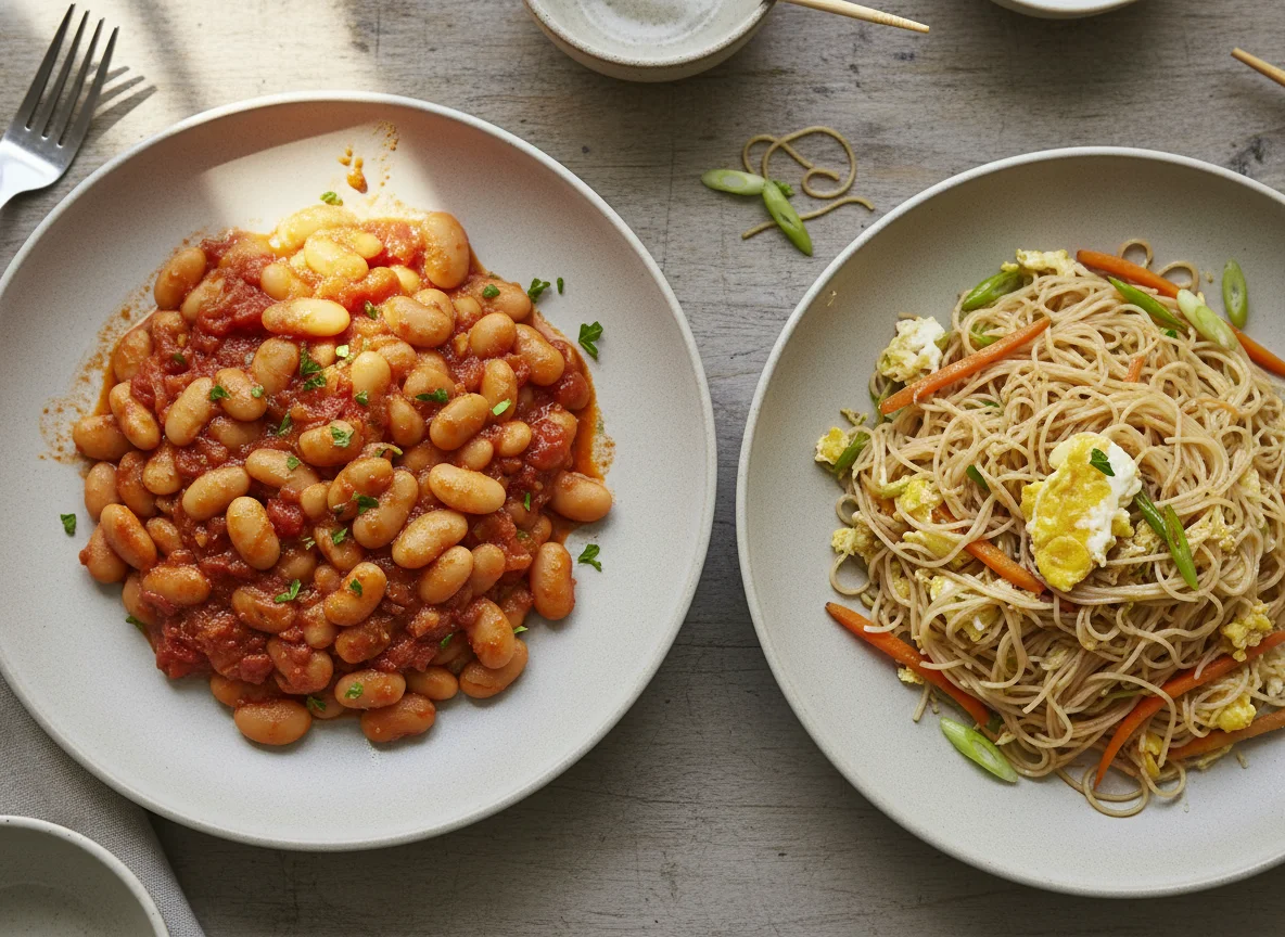 Beans in tomato sauce and stir-fried noodles with egg photo