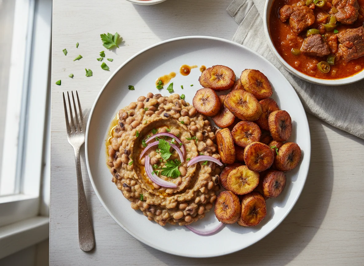 Beans Porridge with Fried Plantain and Stew photo