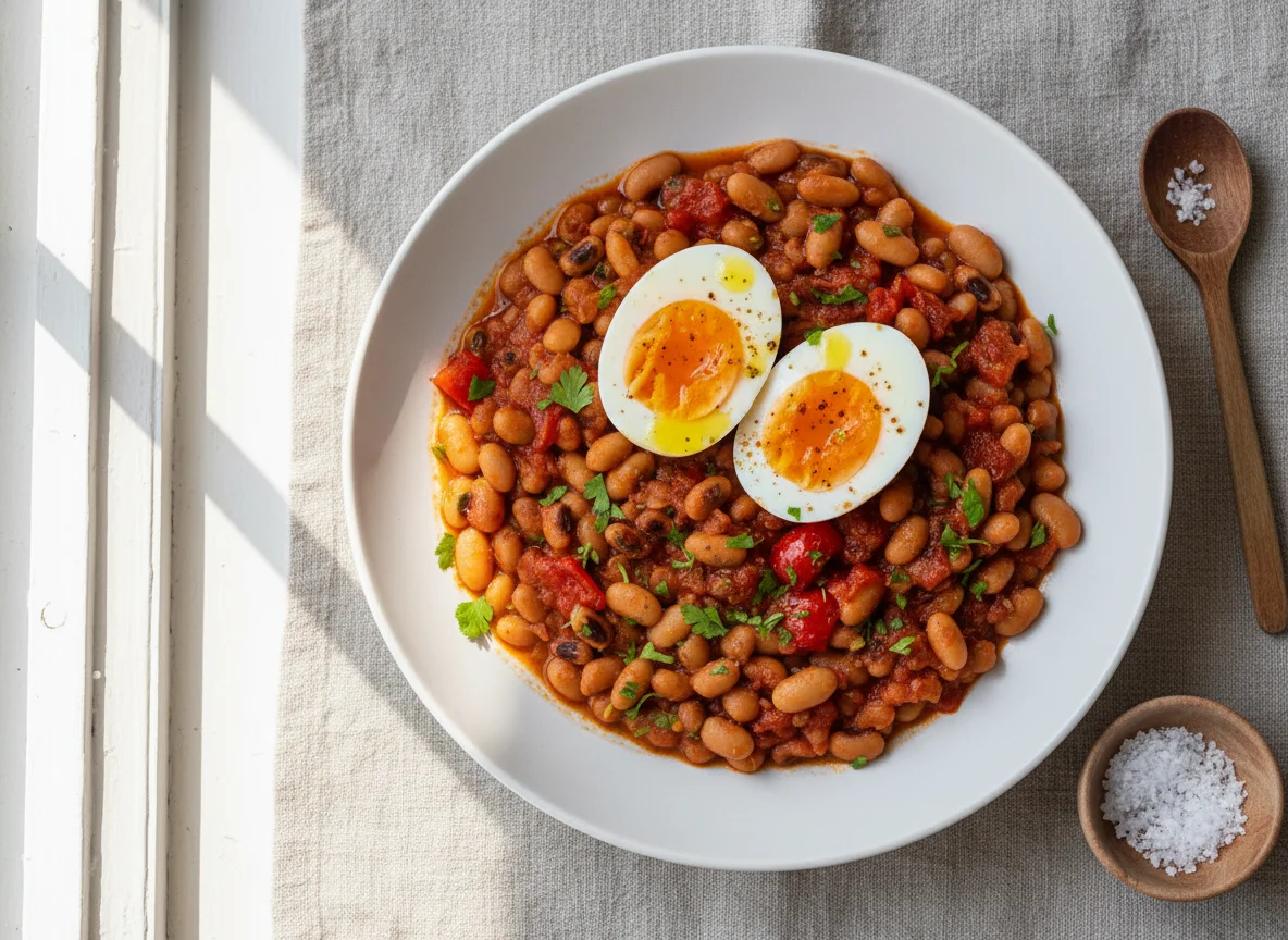 Beans with Eggs and Sauce photo
