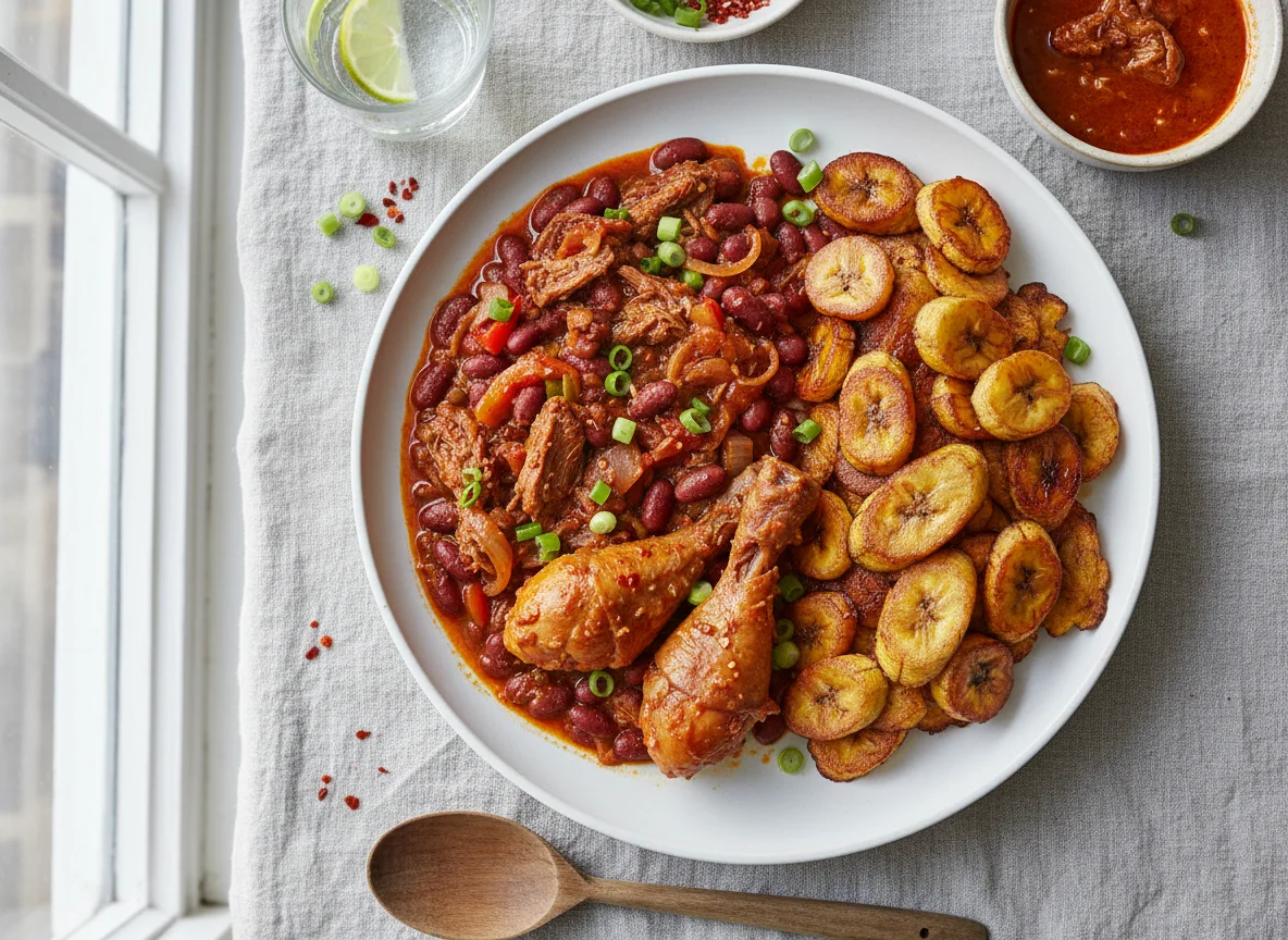 Beans with Fried Plantains and Stew photo