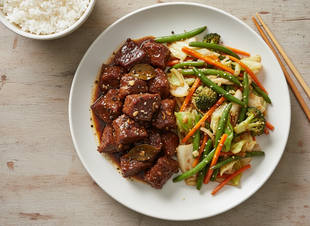 Beef Adobo and Stir-fried Vegetables photo