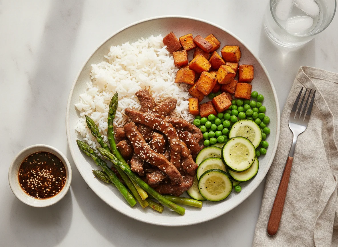 Beef and Asparagus Stir-fry with Rice, Sweet Potatoes, Peas, and Zucchini photo