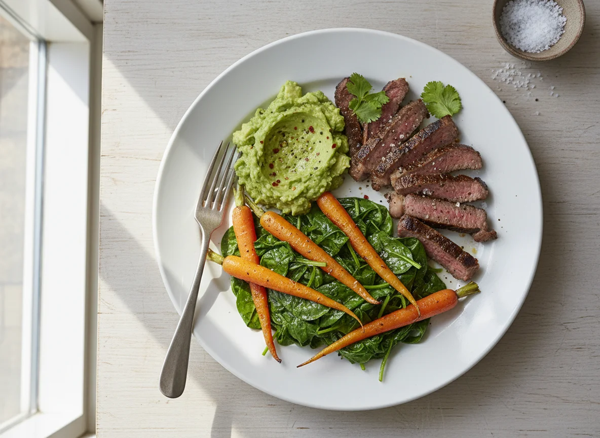Beef and Avocado with Spinach and Carrots photo