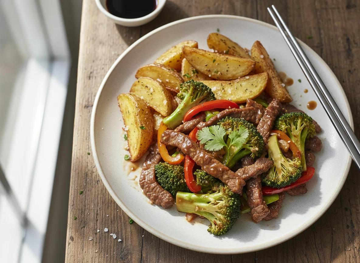 Beef and Broccoli Stir-fry with Roasted Potatoes photo