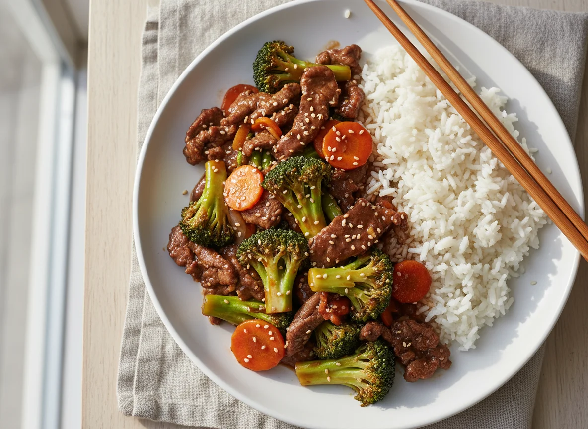 Beef and Broccoli Stir-fry with White Rice photo